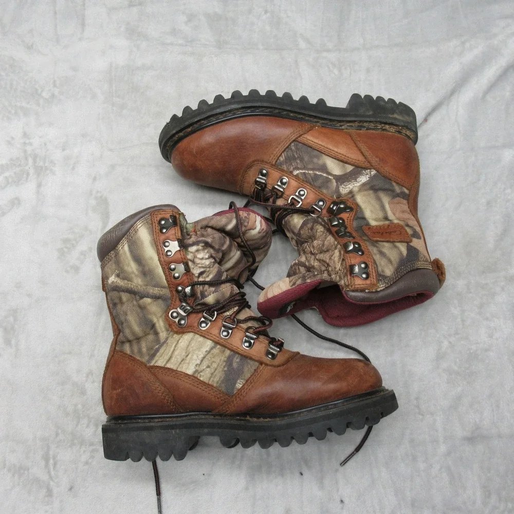 Cabelas Youth Hunting Boots 4M‎ Brown Camo Leather Insulated Outdoor Waterproof